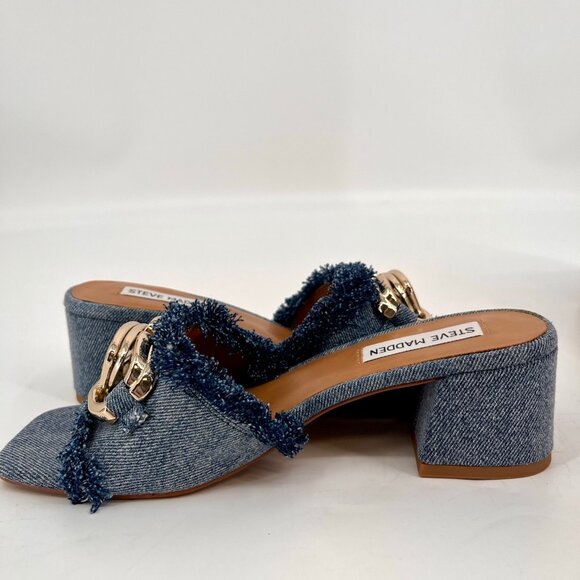 Steve Madden Santana Block Heel Sandals Size 6.5 Denim Frayed Strap Slip-On - Picture 6 of 15